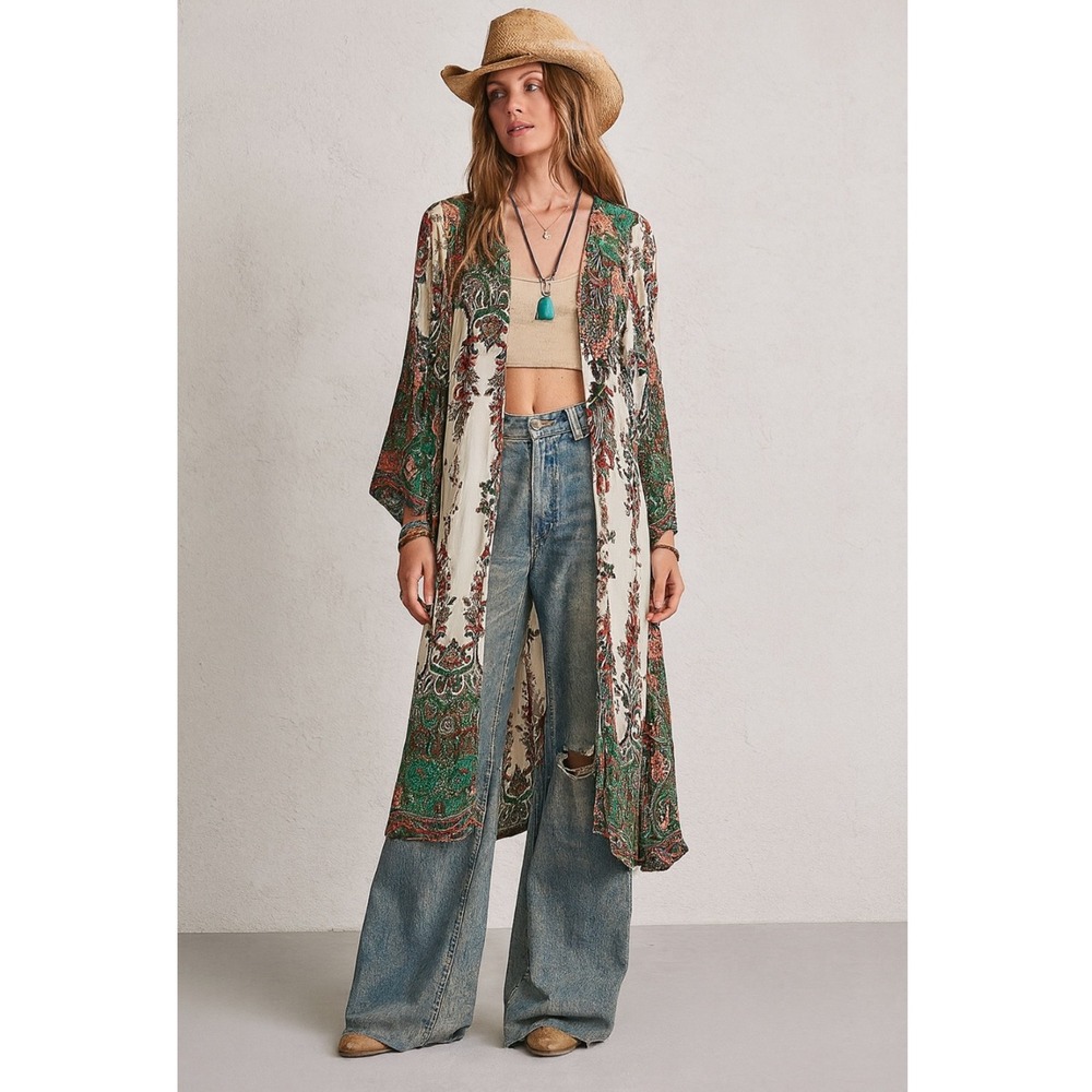 JODIFL Paisley Print Maxi Kimono women's Medium lightweight Boho Festival Green